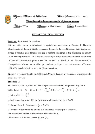 Première page de Mathématiques 2nde A — 2e devoir surveillé, 1er semestre (2019-2020) · PMB