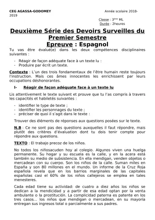 Première page de Espagnol 3e ML — 2e devoir surveillé, 1er semestre (2018-2019) · CEG Agassa Godomey