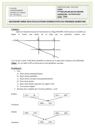 Première page de Mathématiques 6e, 5e, 4e, 3e, 3e ML, 2nde A2, 2nde B, 2nde C, 2nde D, 1ère A2, 1ère B, 1ère C, 1ère D, Tle A1, Tle A2, Tle B, Tle C, Tle D — 2e évaluation sommative, 1er semestre (2020-2021) · CEG Tan