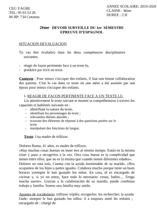 Première page de Espagnol 4e ML — 2e devoir surveillé, 1er semestre (2019-2020) · CEG Yagbe