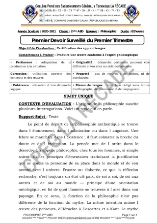 Première page de Philosophie 2nde B, 2nde D, 1ère A2, 1ère B, 1ère D, Tle A2, Tle B, Tle D — 1er devoir surveillé, 1er trimestre (2020-2021) · CPEG LA RECADE