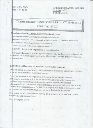 Première page de SVT 5e — Devoir surveillé, 2e semestre (2018-2019) · CEG ADJAGBO