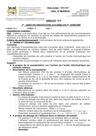 Première page de PCT 1ère C — 1re production scolaire, 2e semestre (2022-2023) · CEG1 Ikpinlè