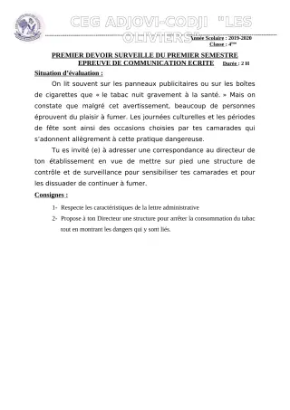 Première page de Français 4e, 4e ML — 1er devoir surveillé, 1er semestre (2019-2020) · CEG ADJOVICODJI 'LES OLIVIERS'