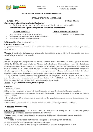 Première page de Histoire-Géographie 1ère A2 — 2e devoir surveillé, 2e semestre (2021-2022) · CEG SEKERE