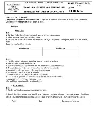 Première page de Histoire-Géographie 6e, 5e, 4e, 4e ML, 3e, 3e ML, 2nde A, 2nde A1, 2nde A2, 2nde C, 2nde D, 1ère A, 1ère A1, 1ère A2, 1ère C, 1ère D, Tle A1, Tle A2, Tle D — 1er devoir surveillé, 1er semestre (2022-2