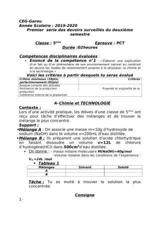 Première page de PCT 5e — 1er devoir surveillé, 2e semestre (2019-2020) · CEG GAROU