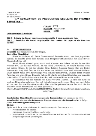 Première page de Allemand 2nde A1, 2nde A2, 1ère A2, 1ère B, Tle A2, Tle B — 1re production scolaire, 1er semestre (2019-2020) · CEG SEHOUE