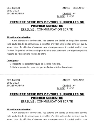 Première page de Français 6e — 1er devoir surveillé, 1er semestre (2022-2023) · CEG PAHOU