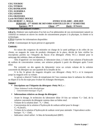 Première page de PCT 3e — 2e devoir surveillé, 1er semestre (2018-2019) · CEG Banikanni