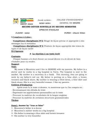 Première page de Anglais 6e — 2e devoir surveillé, 2e semestre (2020-2021) · CEG SEKERE