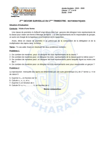 Première page de Mathématiques 1ère A, 1ère B — 2e devoir surveillé, 2e trimestre (2019-2020) · CPEG LE PHARAON
