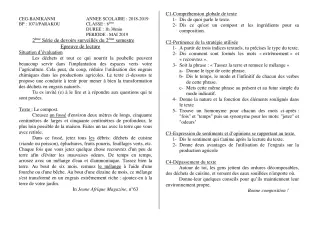 Première page de Français 6e — 2e devoir surveillé, 2e semestre (2018-2019) · CEG Banikanni