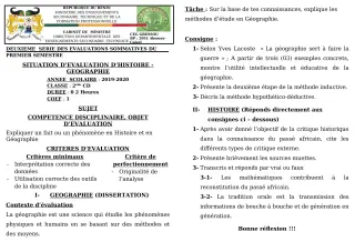 Première page de Histoire-Géographie 2nde D — 2e évaluation sommative, 1er semestre (2019-2020) · CEG GBESSOU