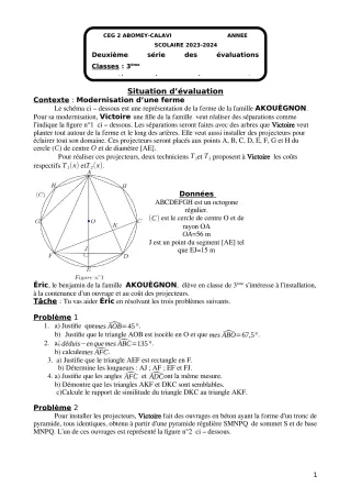 Première page de Mathématiques 3e — 3e évaluation sommative, 1er semestre (2023-2024) · CEG2 ABOMEY - CALAVI (CEG ZOCA)
