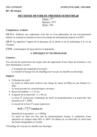 Première page de PCT 3e — 2e devoir surveillé, 1er semestre (2019-2020) · CEG Attogon