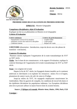 Première page de Histoire-Géographie 4e — Devoir surveillé, 1er semestre (2019-2020) · CPEG Ste Thérèse de Zinvié