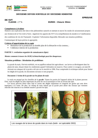 Première page de SVT 1ère A2 — 2e devoir surveillé, 2e semestre (2023-2024) · CEG SEKERE