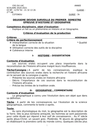 Première page de Histoire-Géographie 2nde A, 2nde B — 2e devoir surveillé, 1er semestre (2020-2021) · CEG du Lac