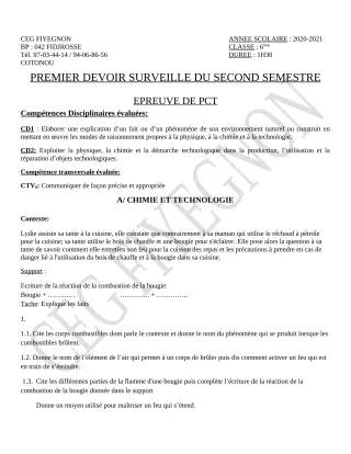 Première page de PCT 6e — 1er devoir surveillé, 2e semestre (2020-2021) · CEG FIYEGNON