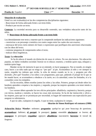 Première page de Espagnol 2nde A1, 2nde A2, 2nde B — 2e devoir surveillé, 1er semestre (2019-2020) · CEG Hubert C. MAGA
