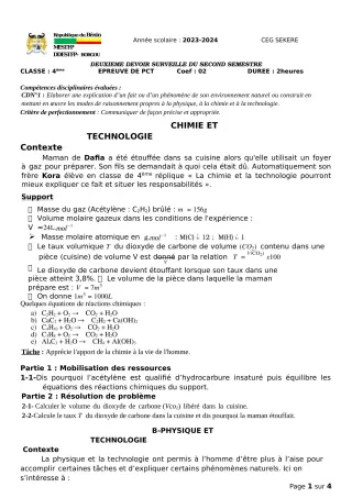 Première page de PCT 4e — 2e devoir surveillé, 2e semestre (2023-2024) · CEG SEKERE