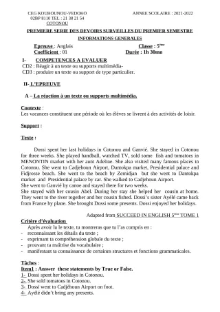 Première page de Anglais 5e — 1er devoir surveillé, 1er semestre (2021-2022) · CEG Kouhounou-Vêdoko