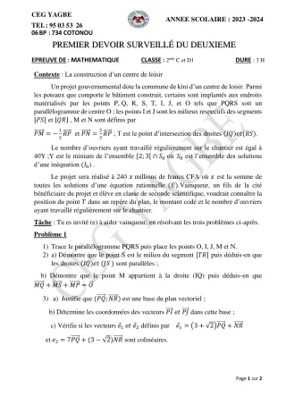 Première page de Mathématiques 2nde C, 2nde D — 1er devoir surveillé, 2e semestre (2023-2024) · CEG Yagbe