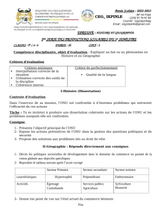 Première page de Histoire-Géographie Tle C, Tle D — 2e production scolaire, 1er semestre (2022-2023) · CEG1 Ikpinlè
