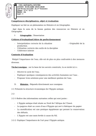 Première page de Histoire-Géographie 2nde C, 2nde D — 2e devoir surveillé, 2e semestre (2019-2020) · CEG 1 Akpakpa-Centre