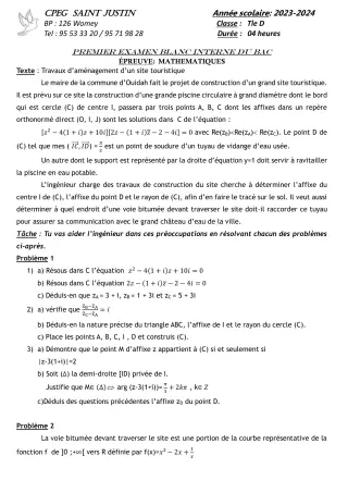 Première page de Devoir surveillé de MATHS GENE — Tle D — CPEG SAINT Justin (2023)
