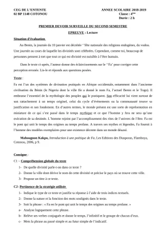 Première page de Français 4e ML&MC — 1er devoir surveillé, 2e semestre (2018-2019) · CEG L'Entente