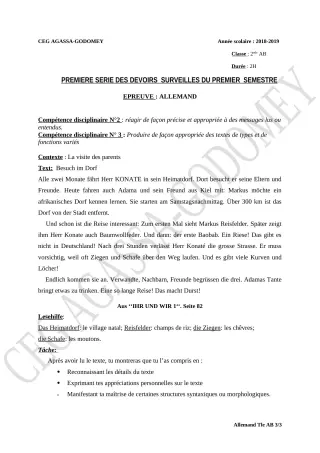 Première page de Allemand 2nde A & B, Tle A2, Tle B — 1er devoir surveillé, 1er semestre (2018-2019) · CEG Agassa Godomey
