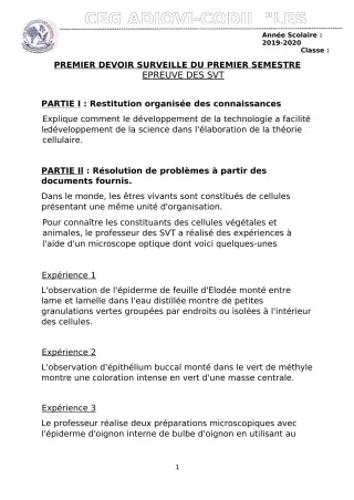 Première page de SVT 2nde B — 1er devoir surveillé, 1er semestre (2019-2020) · CEG ADJOVICODJI 'LES OLIVIERS'