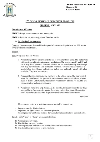 Première page de Anglais 4e, 4e ML — 2e devoir surveillé, 1er trimestre (2019-2020) · CPEG ROSAIRE