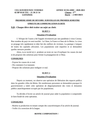 Première page de Français 3e, 3e ML — 1er devoir surveillé, 1er semestre (2020-2021) · CEG Kouhounou-Vêdoko