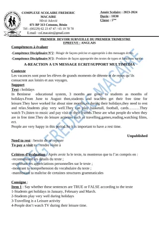 Première page de Anglais 5e — 1er devoir surveillé, 1er trimestre (2023-2024) · CPEG Frédéric Macaire