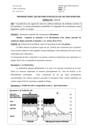 Première page de SVT 4e — 1er devoir surveillé, 2e semestre (2020-2021) · CEG du Lac