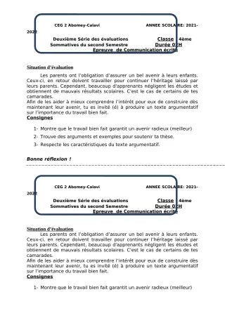 Première page de Français 4e — 2e évaluation sommative, 2e semestre (2021-2022) · CEG2 ABOMEY - CALAVI (CEG ZOCA)