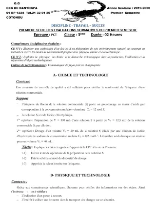 Première page de PCT 3e — 1re évaluation sommative, 1er semestre (2019-2020) · CEG Dantokpa