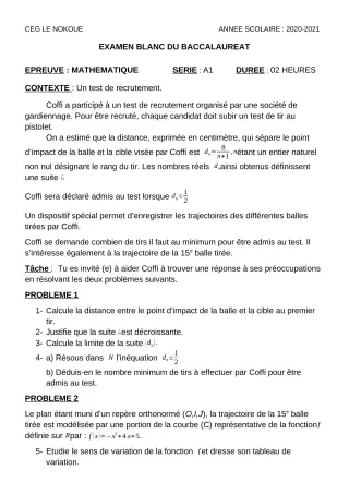 Première page de Examen Blanc de MATHS GENE — Tle A1 — CEG LE NOKOUE (2020)