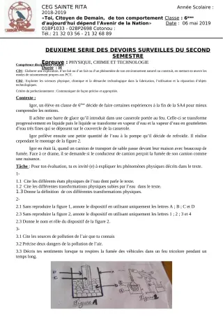 Première page de PCT 6e — 2e devoir surveillé, 2e semestre (2018-2019) · CEG Sainte Rita