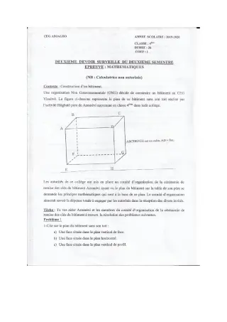 Première page de Mathématiques 4e, 4e ML — 2e devoir surveillé, 2e semestre (2019-2020) · CEG ADJAGBO