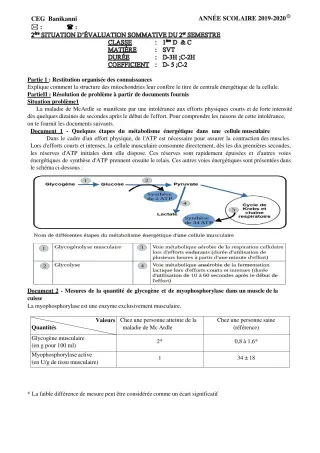 Première page de SVT 1ère C, 1ère D — Évaluation sommative, 2e semestre (2019-2020) · CEG Banikanni