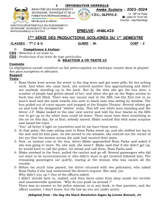 Première page de Anglais 6e, 5e, 4e, 3e, 2nde A, 2nde C, 2nde D, 1ère A, 1ère C, 1ère D, Tle A1, Tle A2, Tle C, Tle D — 1re production scolaire (2023-2024) · CEG1 Ikpinlè