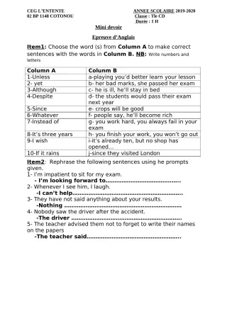 Première page de Anglais Tle C, Tle D — 1er devoir surveillé (2019-2020) · CEG L'Entente