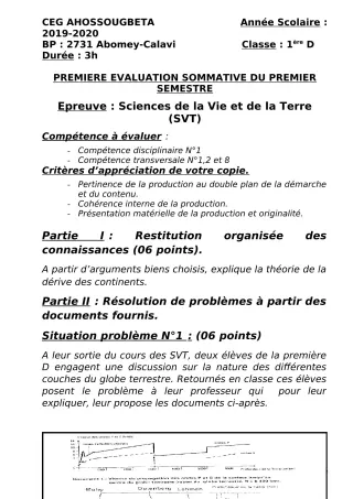 Première page de SVT 1ère D — 1re évaluation sommative, 1er semestre (2019-2020) · CEG Ahossougbéta
