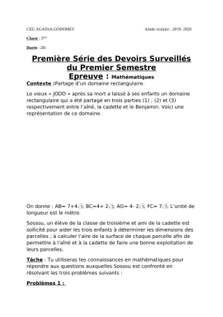 Première page de Mathématiques 3e — 1er devoir surveillé, 1er semestre (2019-2020) · CEG Agassa Godomey