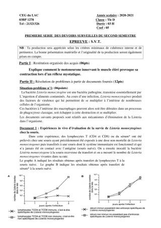 Première page de SVT Tle D — 1er devoir surveillé, 2e semestre (2020-2021) · CEG du Lac