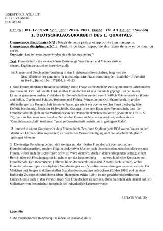 Première page de Devoir surveillé de ALLEMAND — Tle A2, Tle B — CEG FIYEGNON (2020)